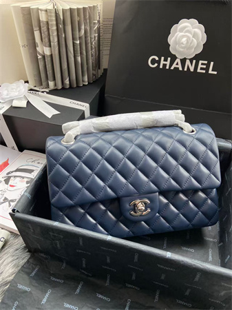 Chanel Medium Classic Flap Bag Lambskin Silver Tone Metal Navy 01112