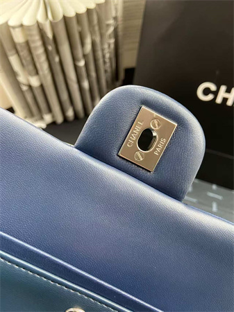 Chanel Medium Classic Flap Bag Lambskin Silver Tone Metal Navy 01112