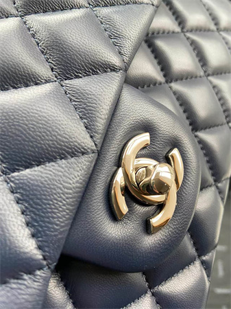 Chanel Medium Classic Flap Bag Lambskin Silver Tone Metal Navy 01112