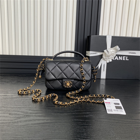 Chanel Mini Flap Bag With Top Handle Lambskin Gold Tone Metal Black Color AS5298