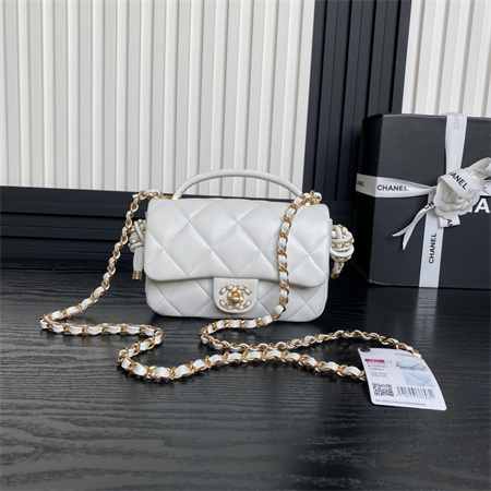 Chanel Mini Flap Bag With Top Handle Lambskin Gold Tone Metal White Color AS5298