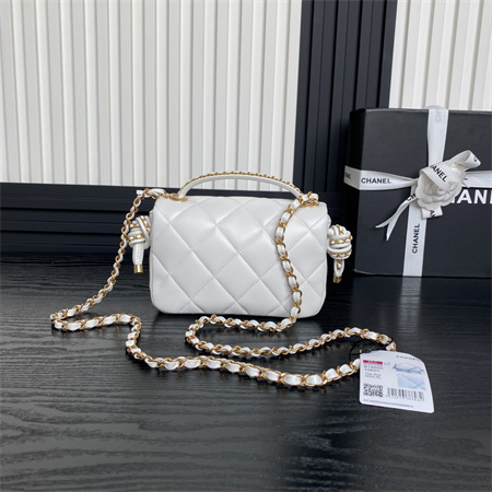 Chanel Mini Flap Bag With Top Handle Lambskin Gold Tone Metal White Color AS5298