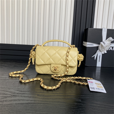 Chanel Mini Flap Bag With Top Handle Lambskin Gold Tone Metal Yellow Color AS5298
