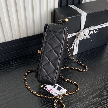 Chanel Flap Bag With Top Handle Lambskin Gold Tone Metal Black Color AS5317