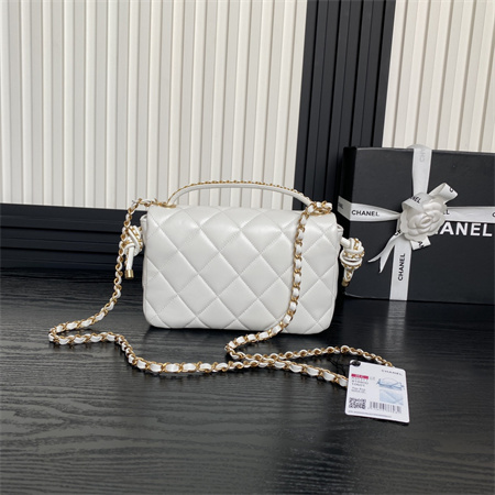 Chanel Flap Bag With Top Handle Lambskin Gold Tone Metal White Color AS5317