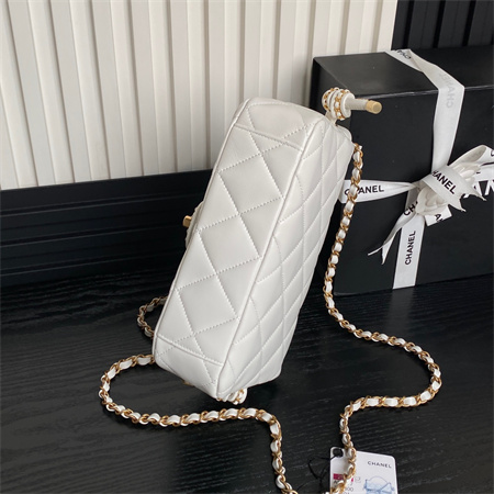 Chanel Flap Bag With Top Handle Lambskin Gold Tone Metal White Color AS5317
