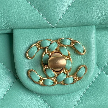 Chanel Flap Bag With Top Handle Lambskin Gold Tone Metal Green Color AS5317