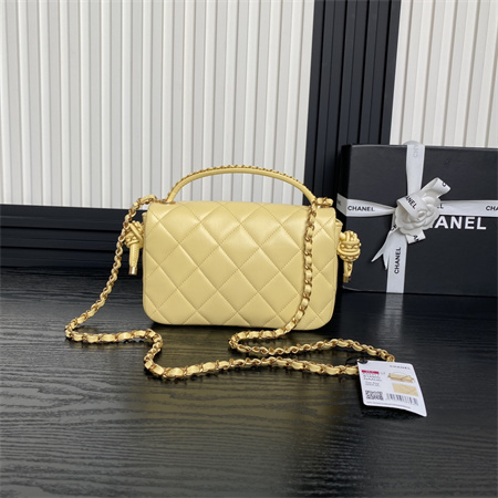 Chanel Flap Bag With Top Handle Lambskin Gold Tone Metal Yellow Color AS5317
