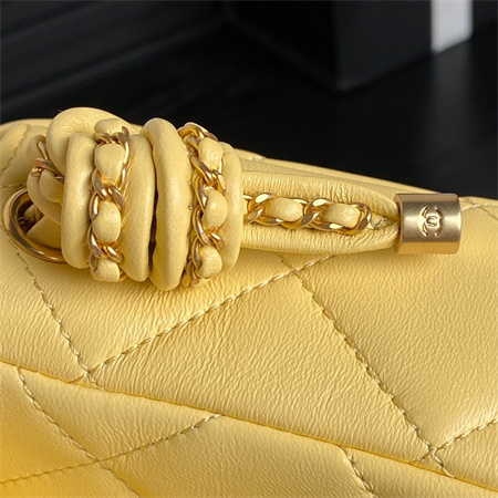 Chanel Flap Bag With Top Handle Lambskin Gold Tone Metal Yellow Color AS5317