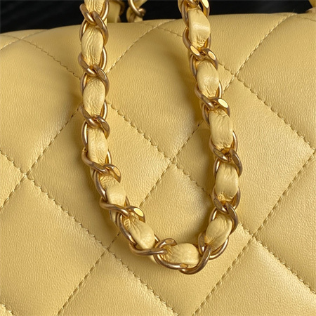 Chanel Flap Bag With Top Handle Lambskin Gold Tone Metal Yellow Color AS5317