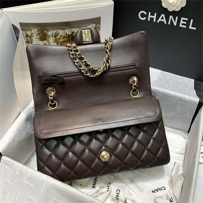 Chanel Medium Classic Flap Bag Lambskin Gold Tone Metal Dk Brown 01112