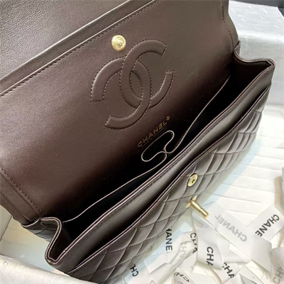 Chanel Medium Classic Flap Bag Lambskin Gold Tone Metal Dk Brown 01112