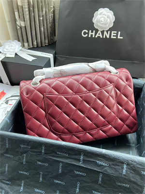 Chanel Medium Classic Flap Bag Lambskin Silver Tone Metal Burgundy 01112