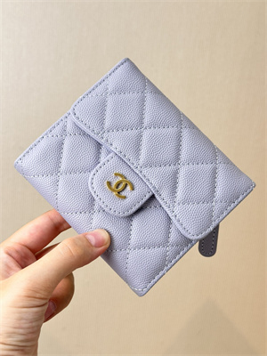 Chanel Small Flap Wallet Tri-Fold Grained Calfskin Gold Tone Metal Lt Purple A82288