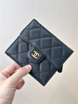 Chanel Small Flap Wallet Tri-Fold Grained Calfskin Gold Tone Metal Black A82288