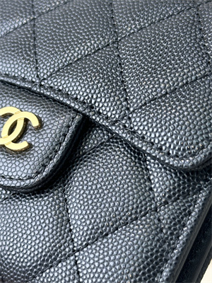 Chanel Small Flap Wallet Tri-Fold Grained Calfskin Gold Tone Metal Black A82288