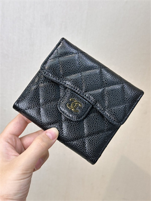 Chanel Small Flap Wallet Tri-Fold Grained Calfskin Gold Tone Metal Black A82288 (big grain)