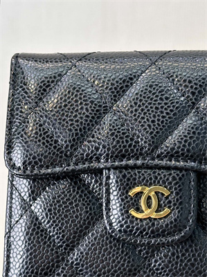 Chanel Small Flap Wallet Tri-Fold Grained Calfskin Gold Tone Metal Black A82288 (big grain)