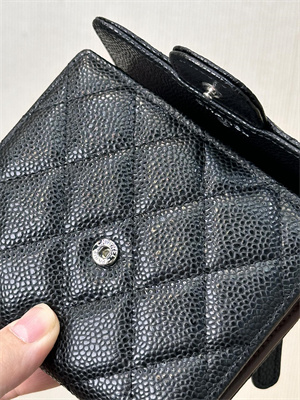 Chanel Small Flap Wallet Tri-Fold Grained Calfskin Silver Tone Metal Black A82288 (big grain)