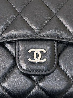 Chanel Small Flap Wallet Tri-Fold Lambskin Silver Tone Metal Black A82288