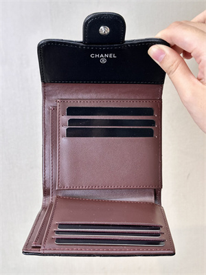 Chanel Small Flap Wallet Tri-Fold Lambskin Silver Tone Metal Black A82288