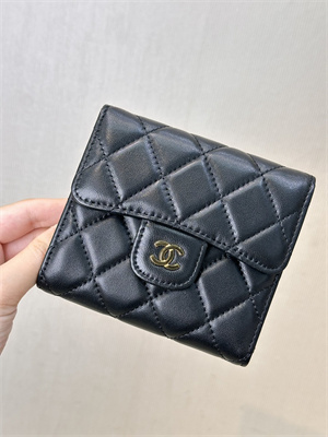 Chanel Small Flap Wallet Tri-Fold Lambskin Gold Tone Metal Black A82288
