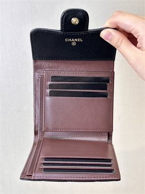 Chanel Small Flap Wallet Tri-Fold Lambskin Gold Tone Metal Black A82288