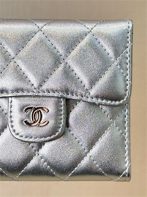 Chanel Small Flap Wallet Tri-Fold Lambskin Silver Tone Metal Silver A82288