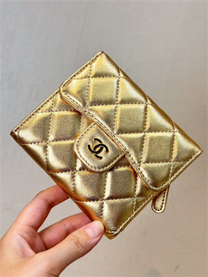 Chanel Small Flap Wallet Tri-Fold Lambskin Gold Tone Metal Gold A82288