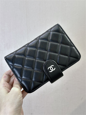 Chanel Snap Wallet Lambskin Silver Tone Metal Black A48667
