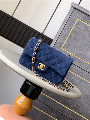 Cha.nel Mini Classic Flap Bag Suede Gold Tone Metal Blue 01116