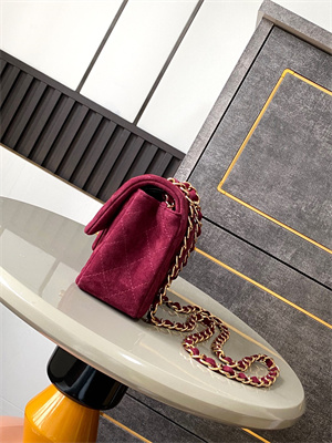 Cha.nel Mini Classic Flap Bag Suede Gold Tone Metal Burgundy 01116
