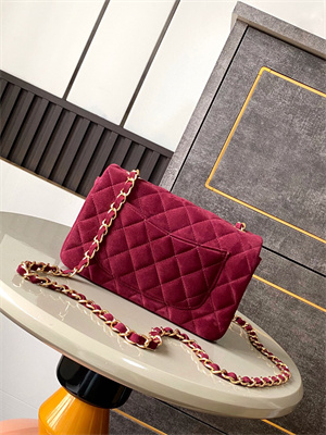 Cha.nel Mini Classic Flap Bag Suede Gold Tone Metal Burgundy 01116