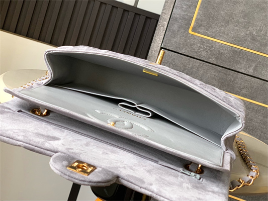 Cha.nel Medium Classic Flap Bag Suede Gold Tone Metal Grey 01112