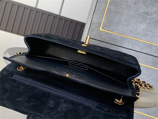 Cha.nel Medium Classic Flap Bag Suede Gold Tone Metal Black 01112
