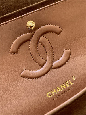 Cha.nel Medium Classic Flap Bag Suede Gold Tone Metal Brown 01112