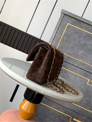 Cha.nel Medium Classic Flap Bag Suede Gold Tone Metal Coffee 01112