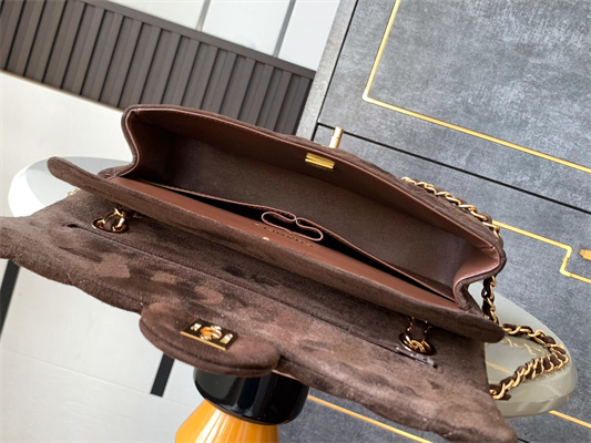 Cha.nel Medium Classic Flap Bag Suede Gold Tone Metal Coffee 01112