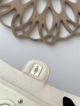 Chanel Medium Classic Flap Bag Iridescent Grained Calfskin Gold Tone Metal Lt Beige 01112