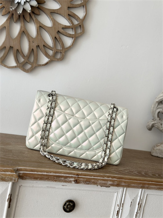 Chanel Medium Classic Flap Bag Iridescent Lambskin Silver Tone Metal White 01112