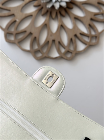 Chanel Medium Classic Flap Bag Iridescent Lambskin Silver Tone Metal White 01112