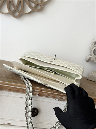 Chanel Medium Classic Flap Bag Iridescent Lambskin Silver Tone Metal White 01112