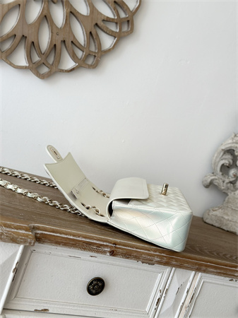 Chanel Medium Classic Flap Bag Iridescent Lambskin Gold Tone Metal White 01112