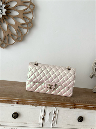 Chanel Medium Classic Flap Bag Iridescent Lambskin Gold Tone Metal Lt Beige 01112