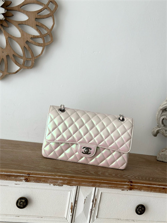 Chanel Medium Classic Flap Bag Iridescent Lambskin Silver Tone Metal Lt Beige 01112