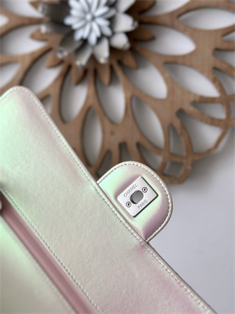 Chanel Medium Classic Flap Bag Iridescent Lambskin Silver Tone Metal Lt Beige 01112