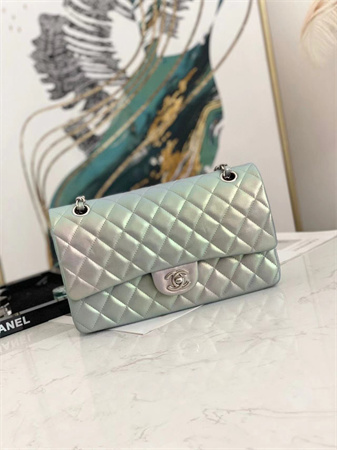 Chanel Medium Classic Flap Bag Iridescent Lambskin Silver Tone Metal  01112