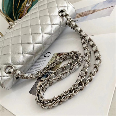 Chanel Medium Classic Flap Bag Iridescent Lambskin Silver Tone Metal Silver 01112