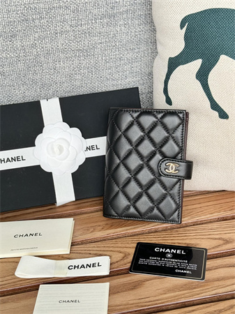 Chanel Passport Holder In Lambskin Gold Tone Metal Black AP3658