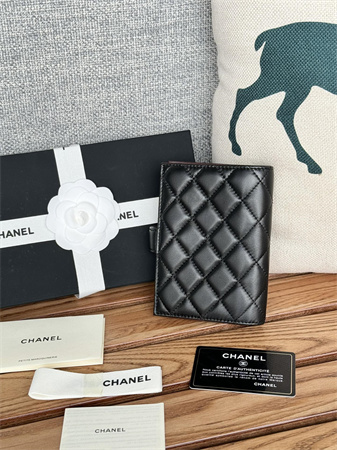 Chanel Passport Holder In Lambskin Gold Tone Metal Black AP3658